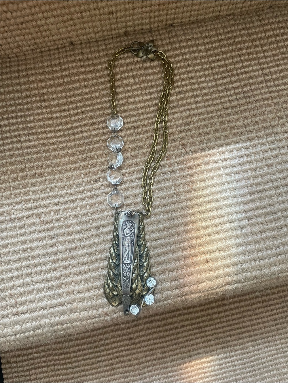 Vintage One-of-a-Kind Brass and Crystal Pendant Necklace